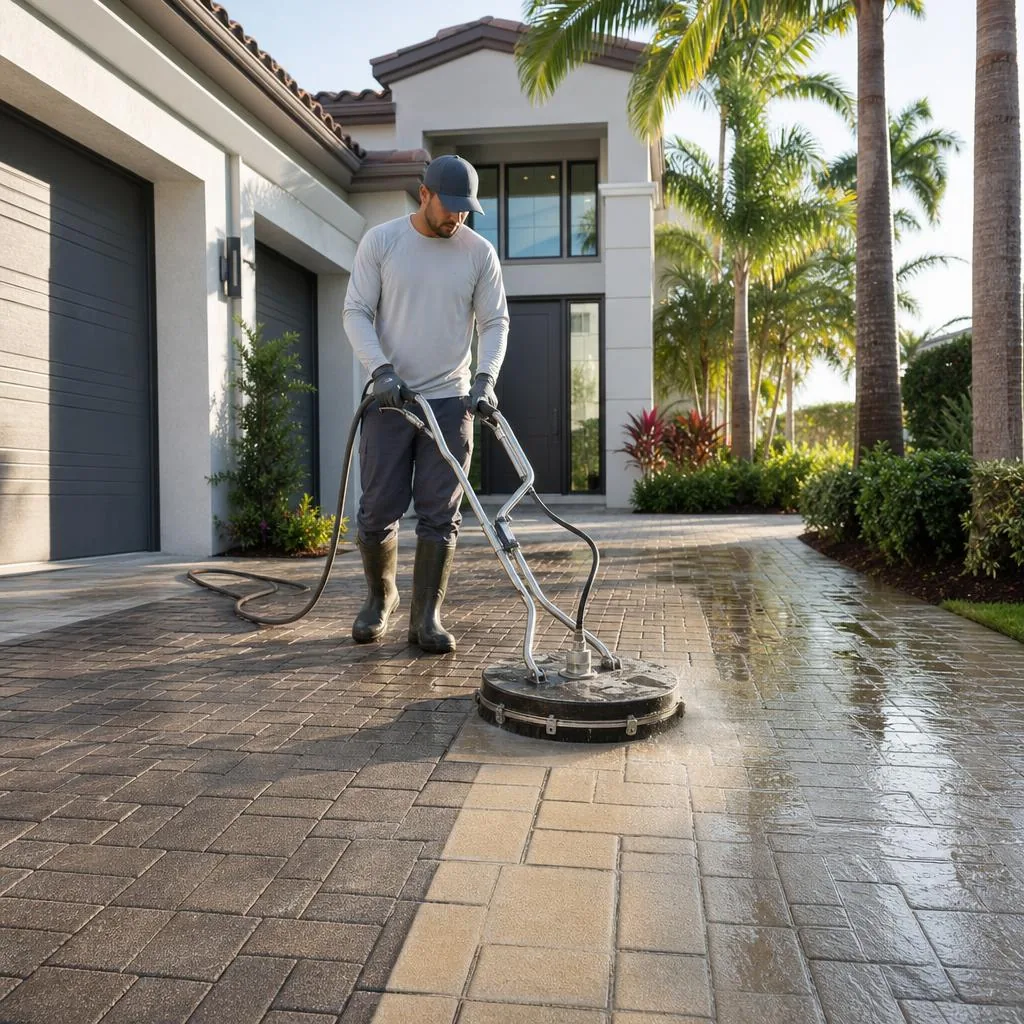 Rotary surface cleaner pressure washing a South Florida paver driveway